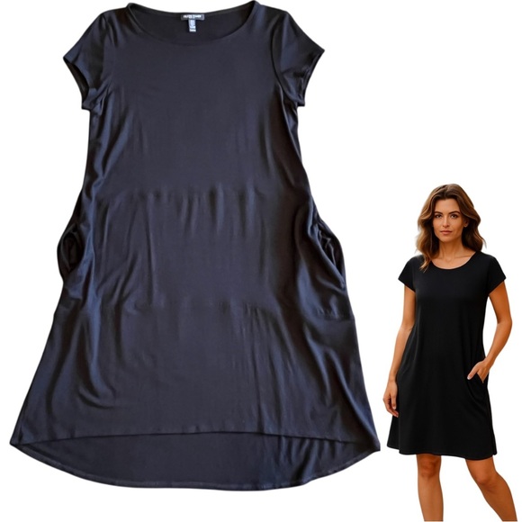 Eileen Fisher Black Dress Short Sleeve Short Sleeve T-shirt A-Line Minimalist - Picture 1 of 17